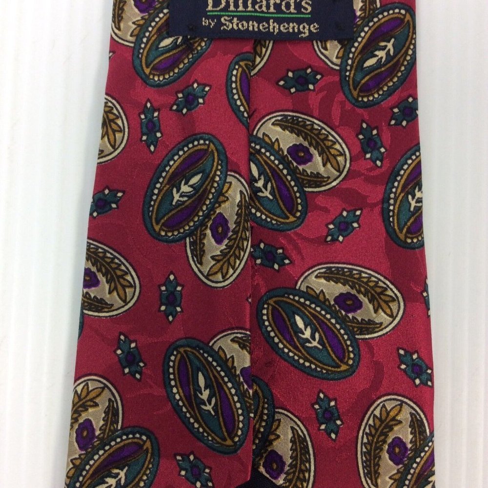 Stonehenge Mens Tie 4 in W x L 56 Silk Burgundy Silver Green Purple Geometric - Picture 7 of 10